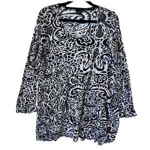 Dunia Lightweight Black White Abstract Print Cotton Tunic Top‎ Long Sleeve M